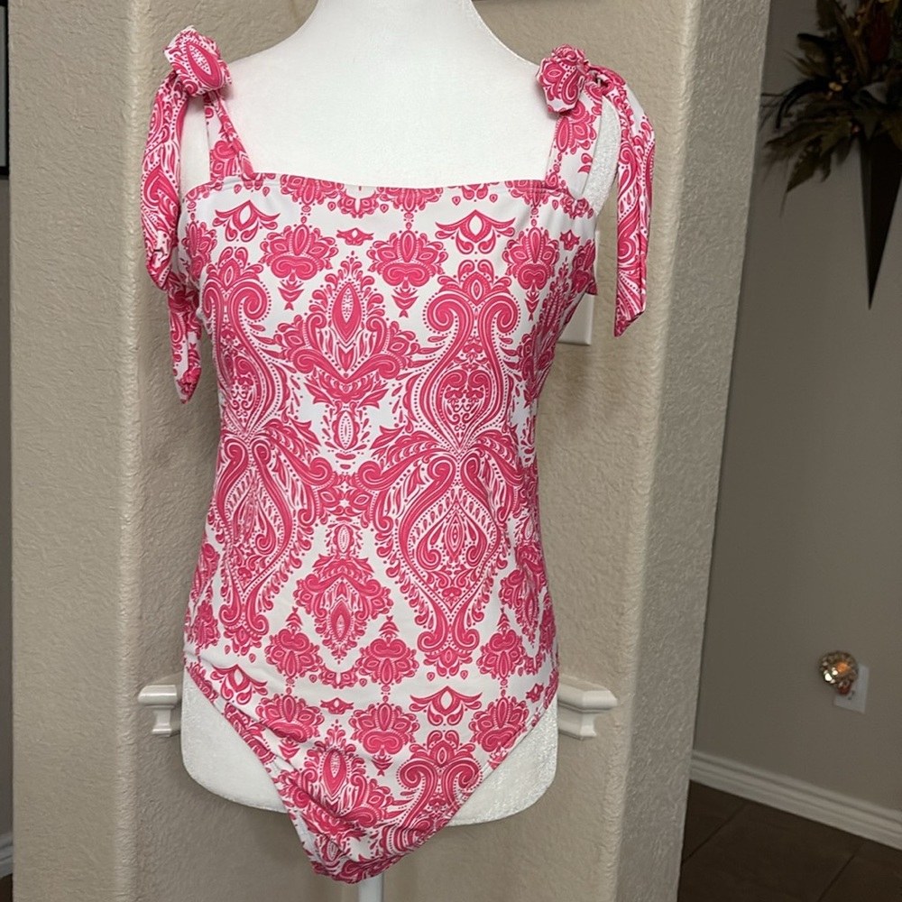 Shein pink tropische print ties on shoulder one piece swimsuit Size L - Picture 4 of 17
